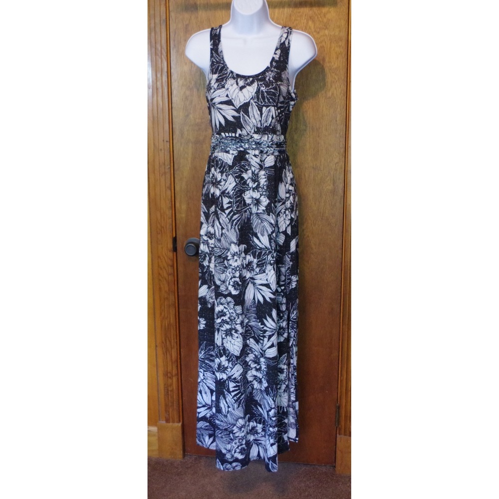 Mudd Women's Small Black White Floral Maxi Dress Braided Waist‎ Sleeveless
